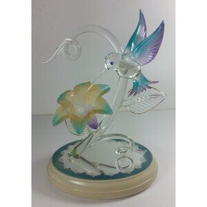 Glass Baron Hummingbird with Flower Art 8in Figurine Mirror Base Blue Branch